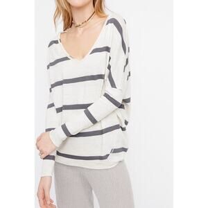 We The Free Upstate Stripe Oversized V-Neck Tee Gray Small Long Sleeve